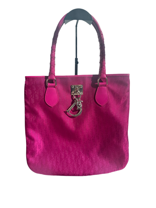 Christian Dior hot pink monogram Trotter logo charm tote bag