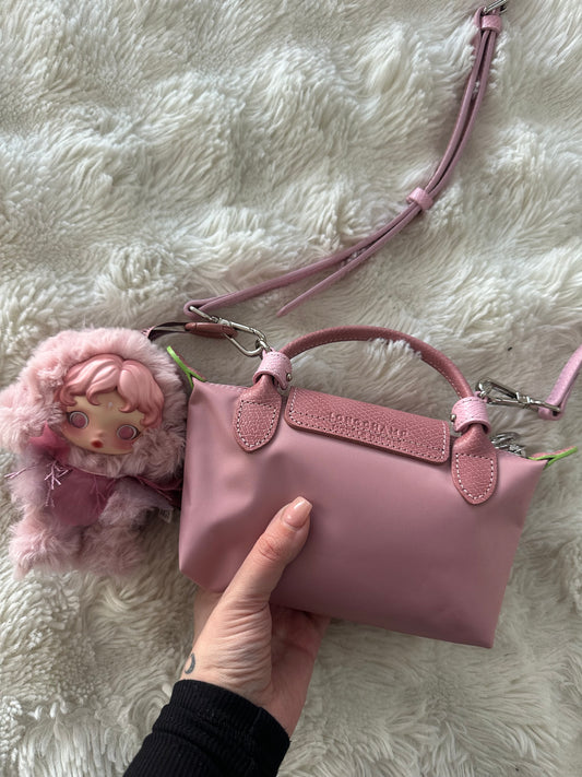 Longchamp Paris Mini Pliage nylon Sakura pink with crossbody strap