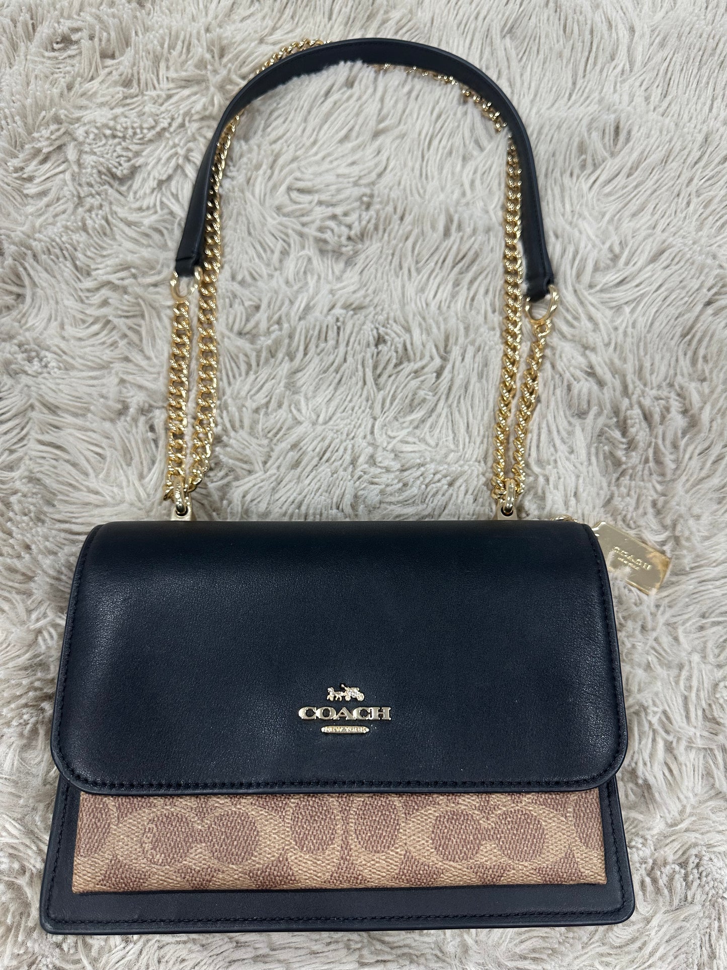 Coach Klare black leather and tan canvas crossbody