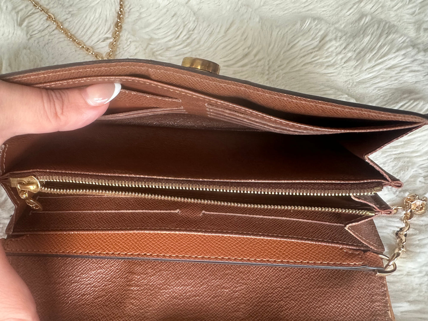 Louis Vuitton vintage boetie monogram with brass lock on chain crossbody bag.