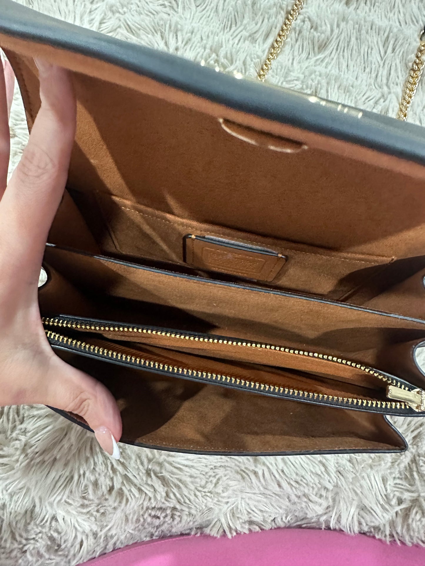 Coach Klare black leather and tan canvas crossbody