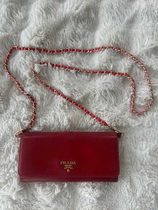 Prada Saffiano Wallet on Chain Red