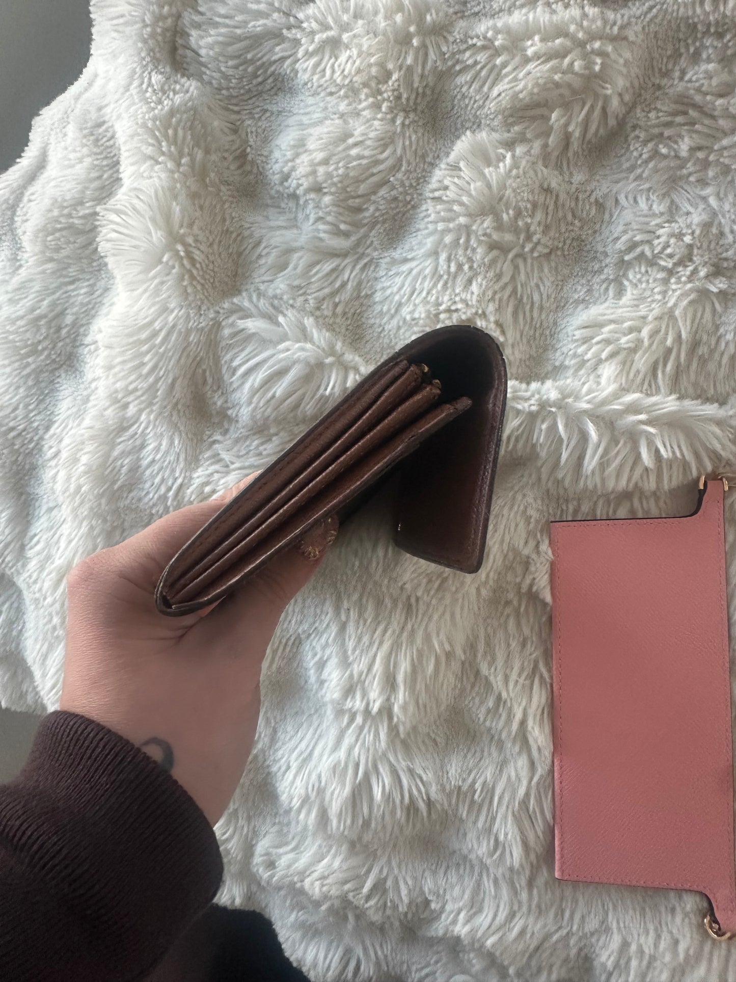Louis Vuitton monogram wallet on chain shoulder bag.