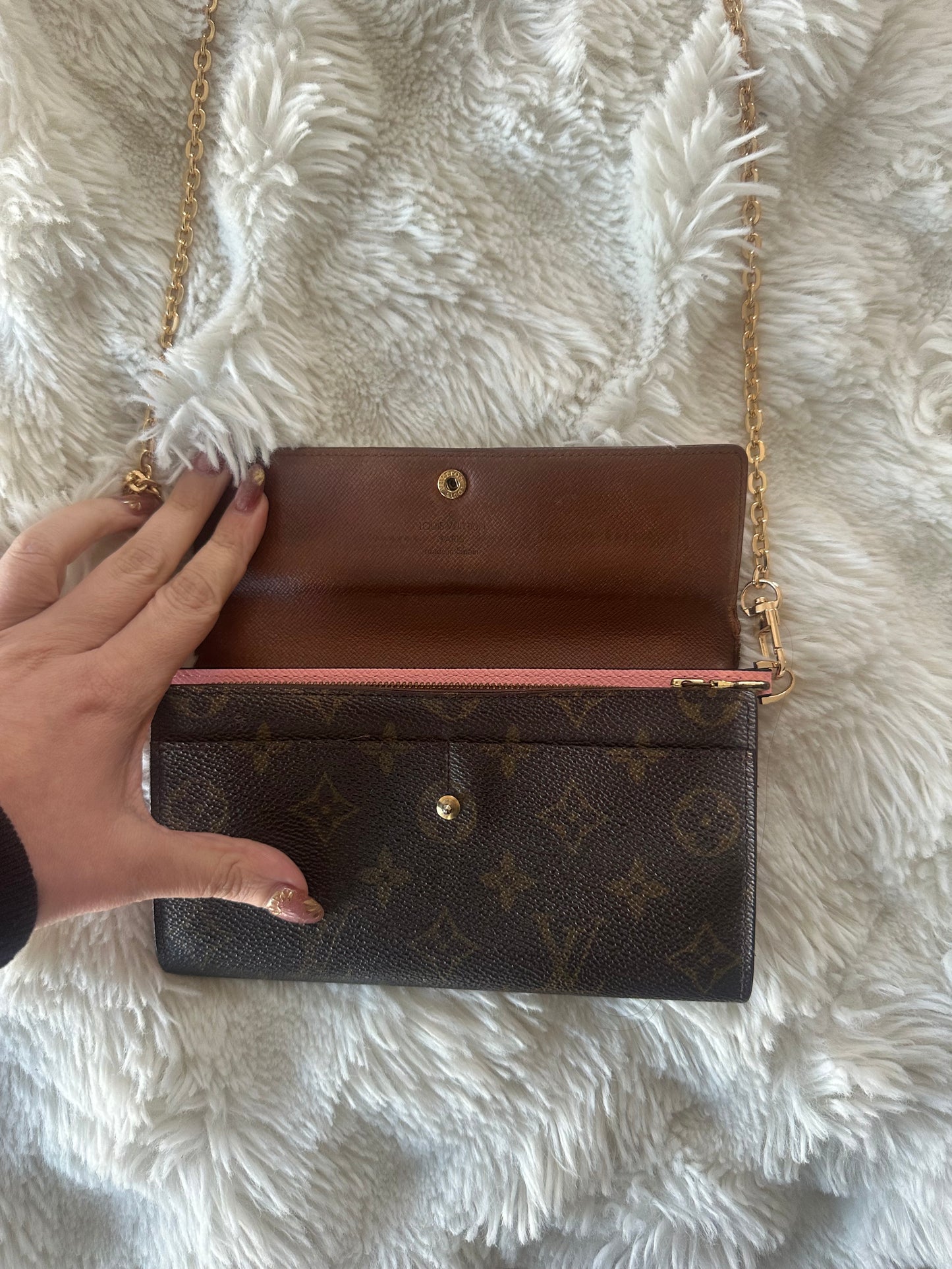 Louis Vuitton monogram wallet on chain shoulder bag.
