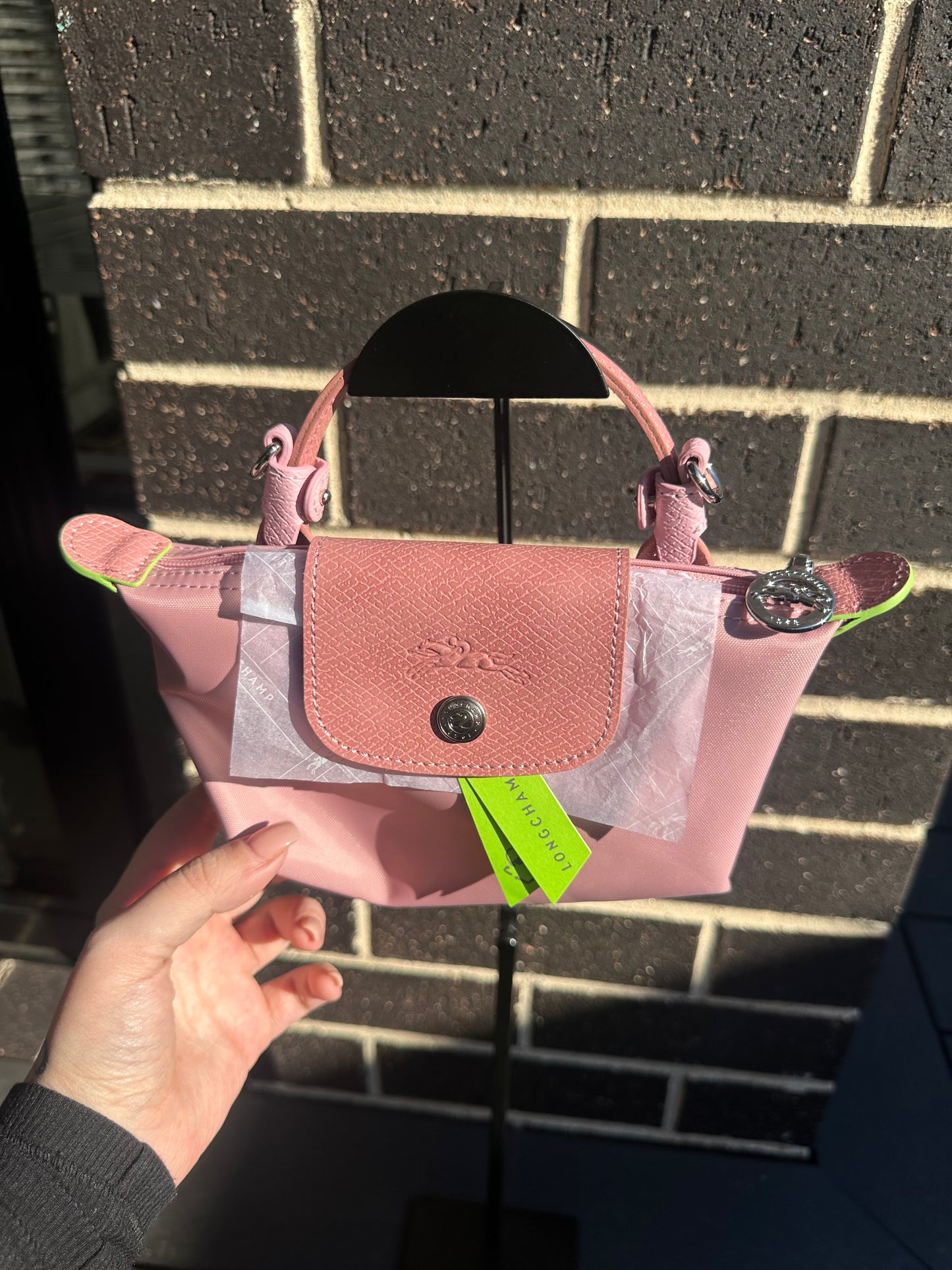 Longchamp Paris Mini Pliage nylon Sakura pink with crossbody strap