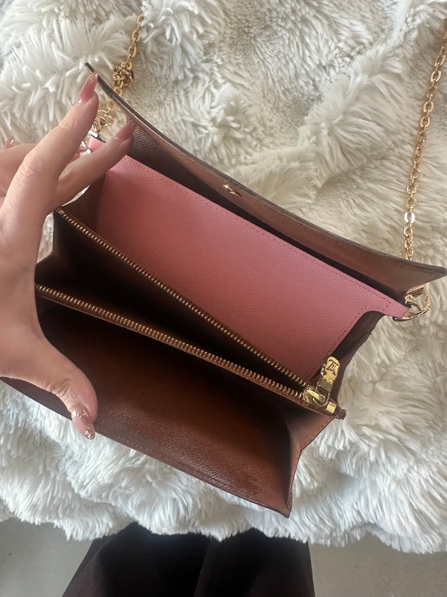 Louis Vuitton monogram wallet on chain shoulder bag.