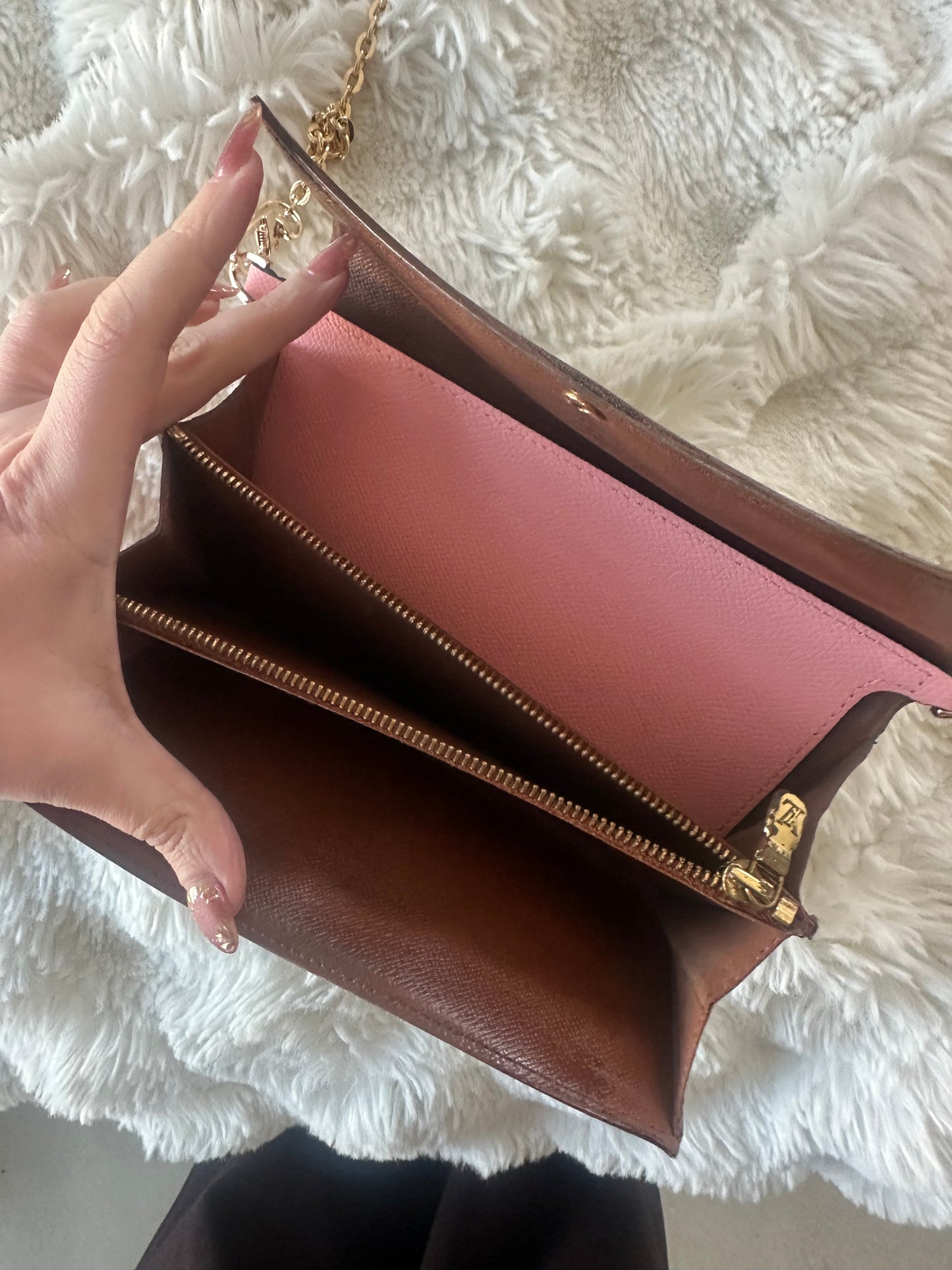 Louis Vuitton monogram wallet on chain shoulder bag.