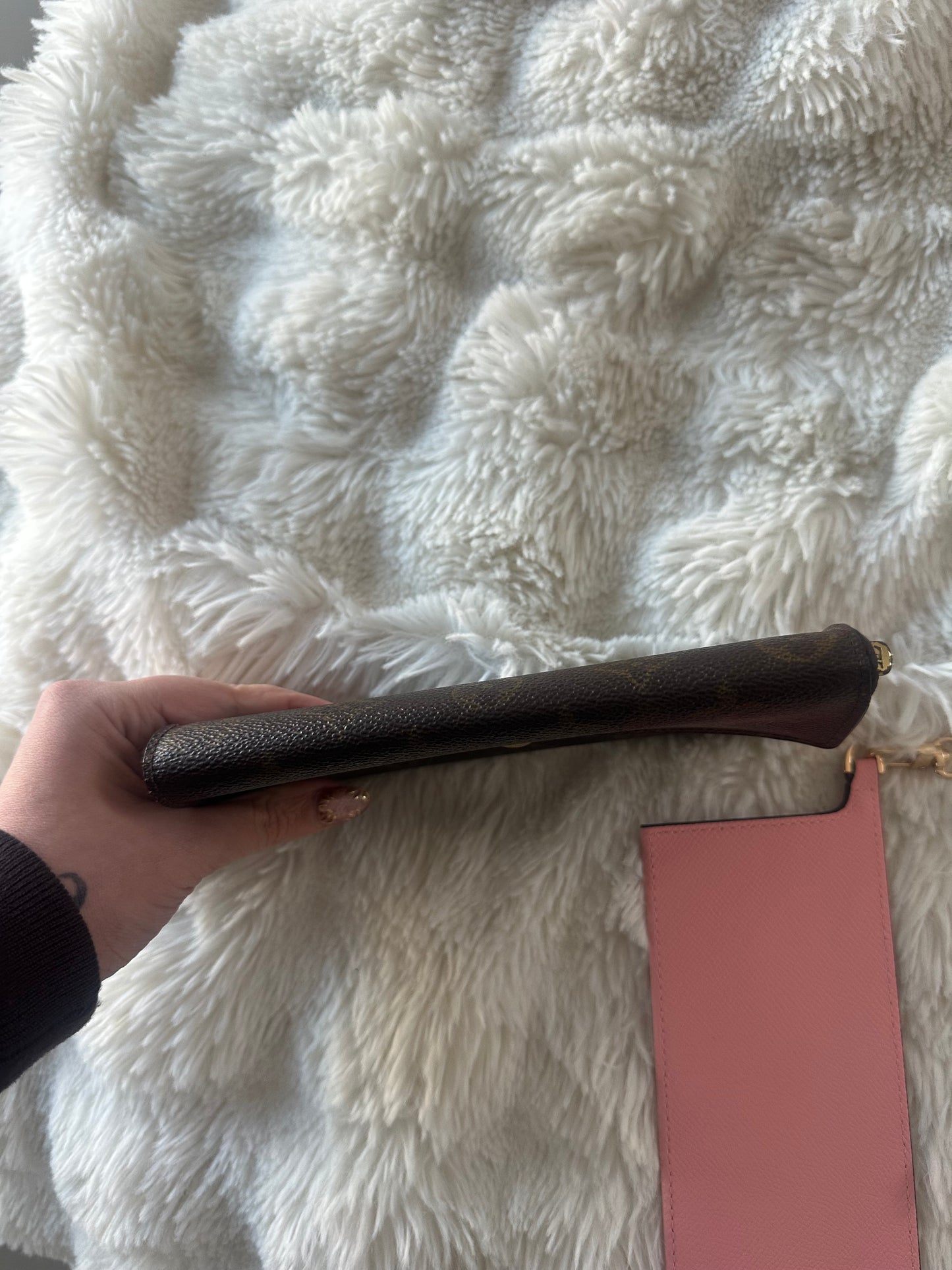 Louis Vuitton monogram wallet on chain shoulder bag.