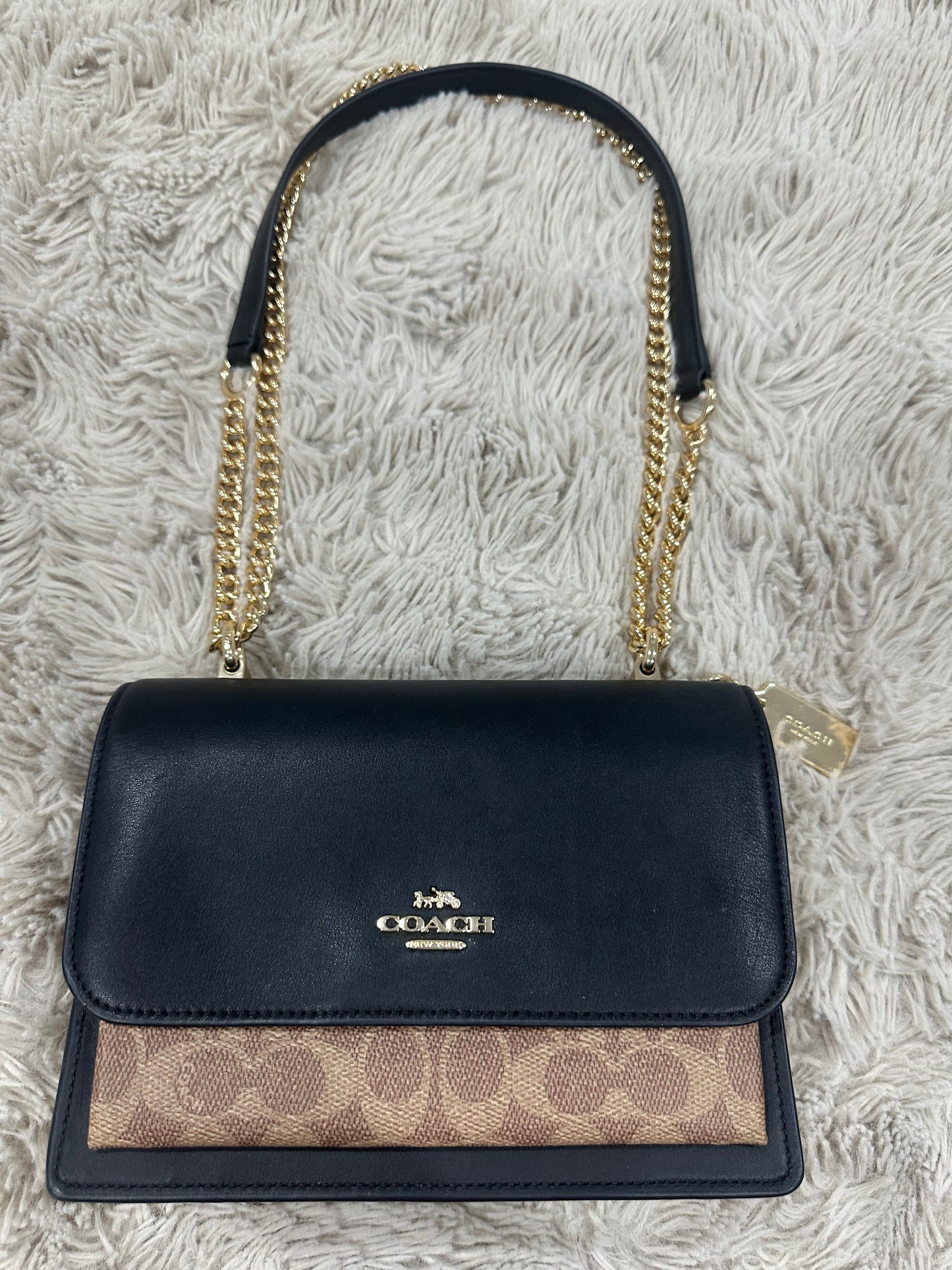 Coach Klare black leather and tan canvas crossbody