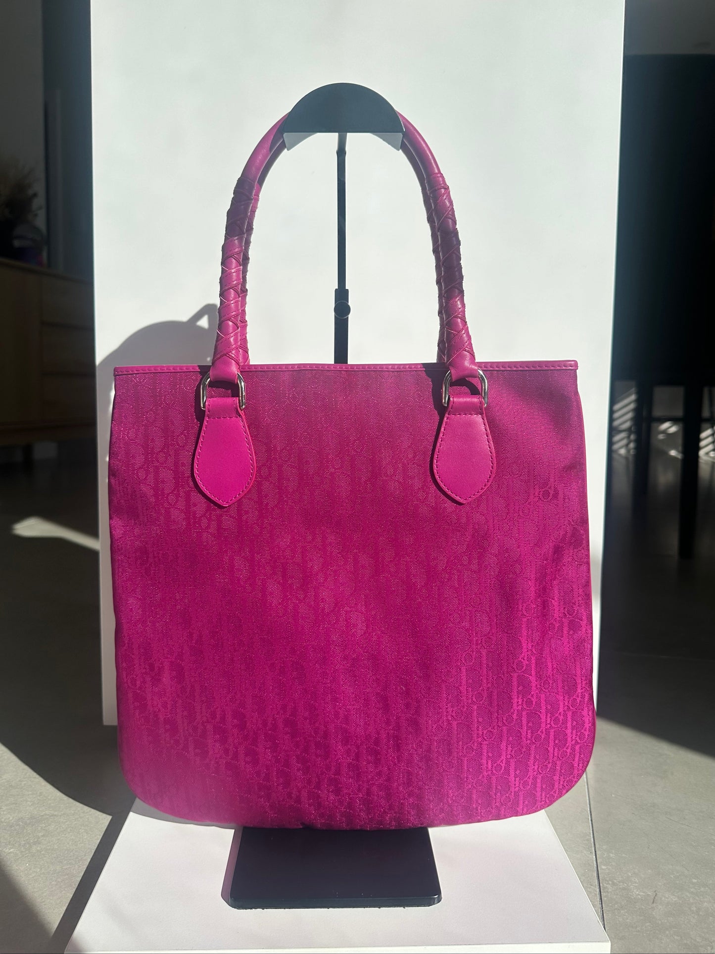 Christian Dior hot pink monogram Trotter logo charm tote bag
