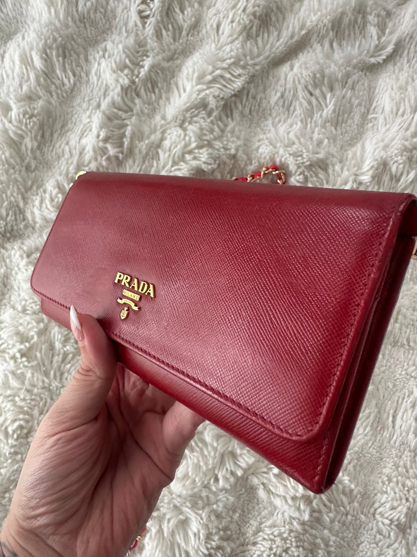 Prada Saffiano Wallet on Chain Red
