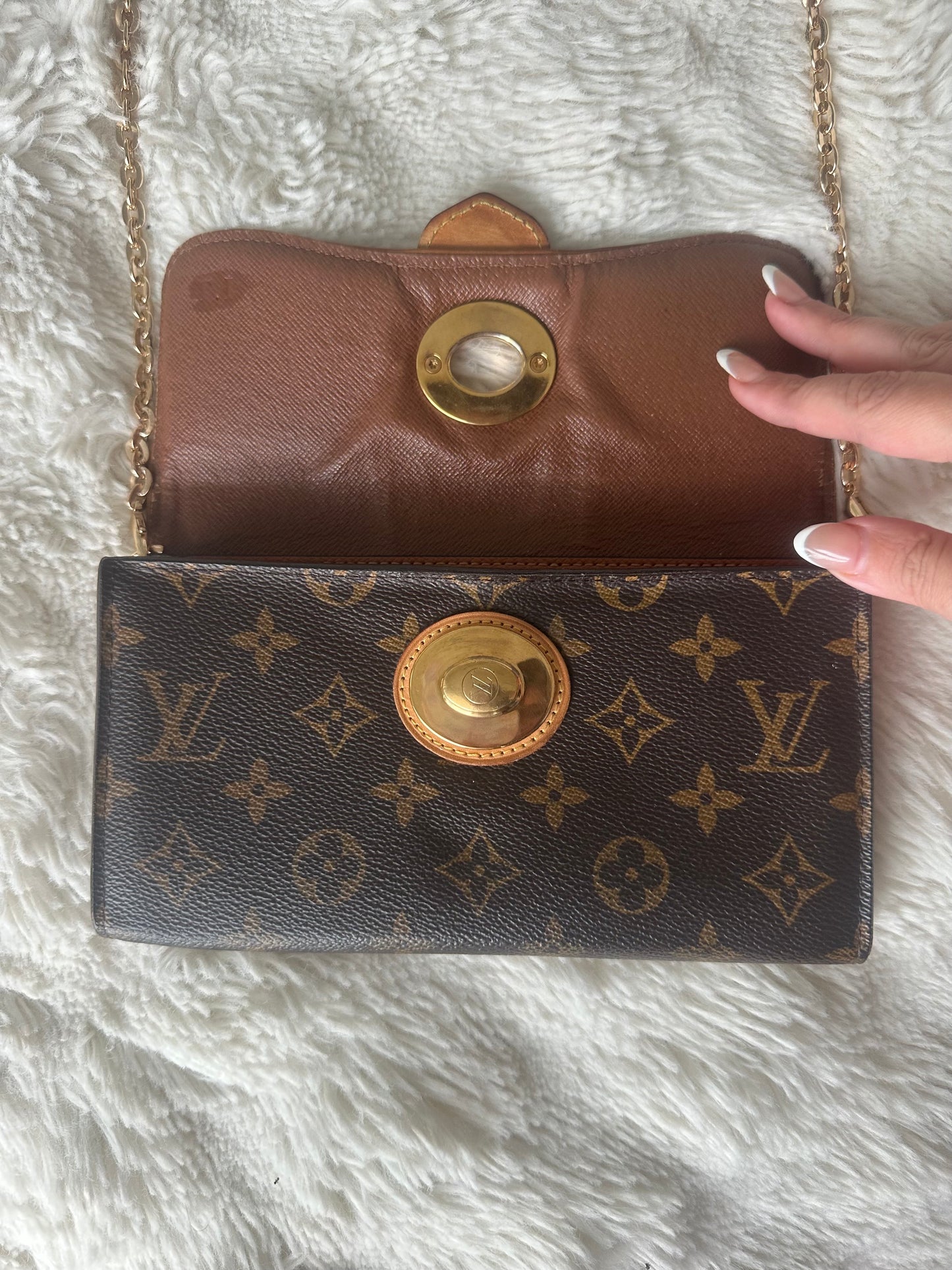 Louis Vuitton vintage boetie monogram with brass lock on chain crossbody bag.