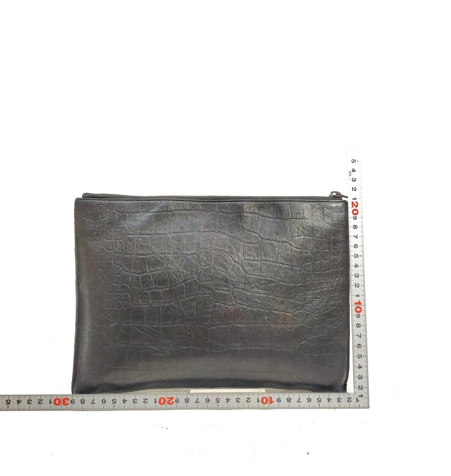 Saint Laurent black leather croc print clutch bag.