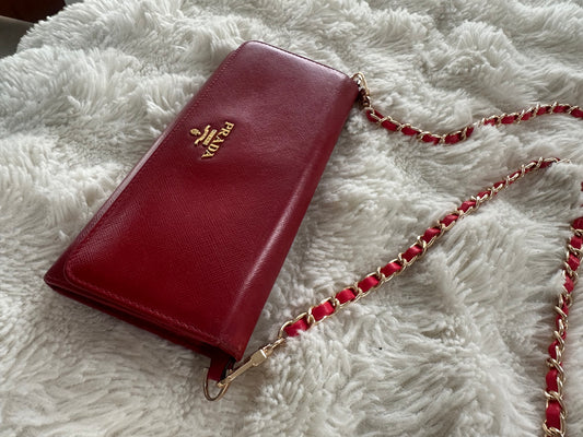 Prada Saffiano Wallet on Chain Red