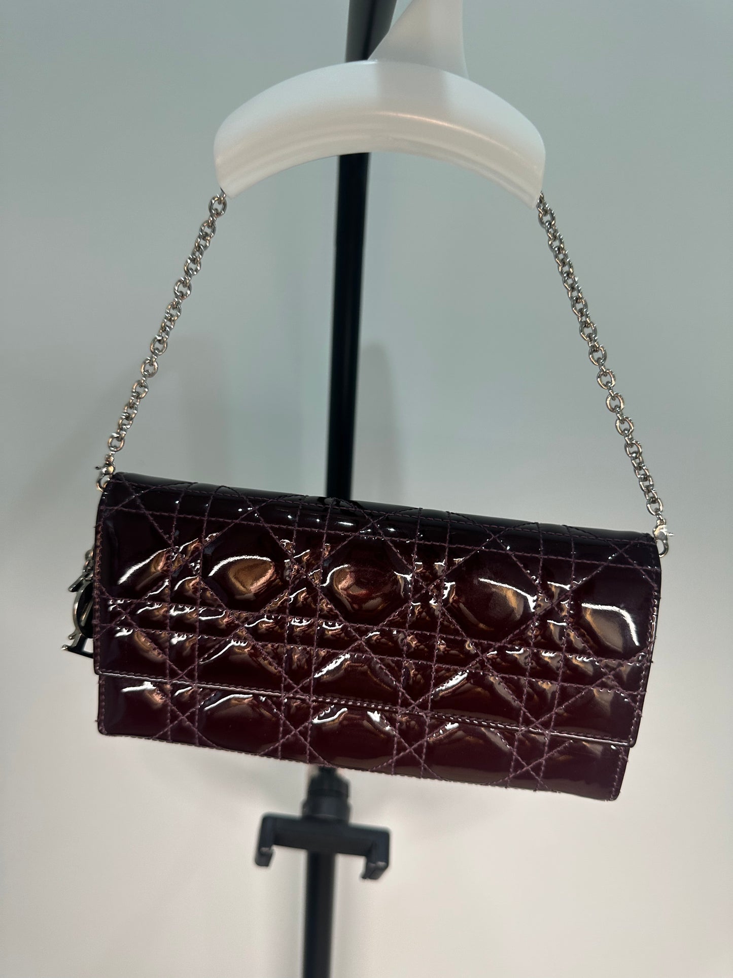 Lady Dior Cannage Patent Leather Wallet on Chain